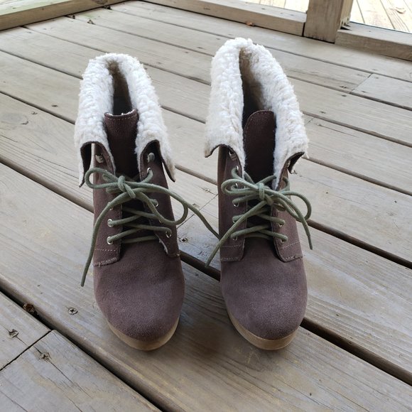 Naughty Monkey Sherpa Suede Wedge Lace Up Booties - Picture 2 of 12